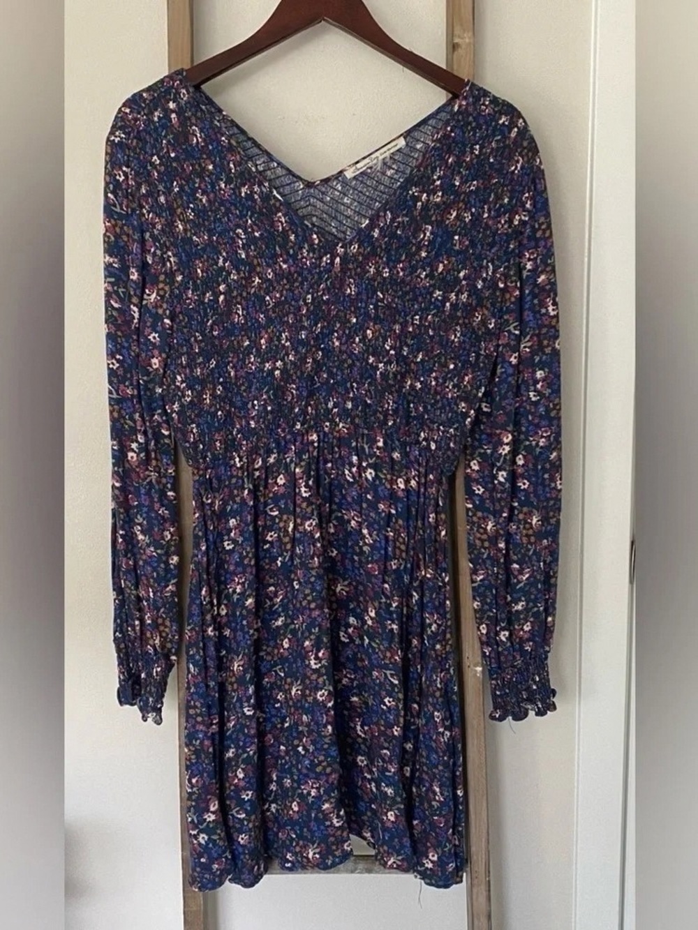 American Rag Navy Floral Smocked V-Neck Mini Dress